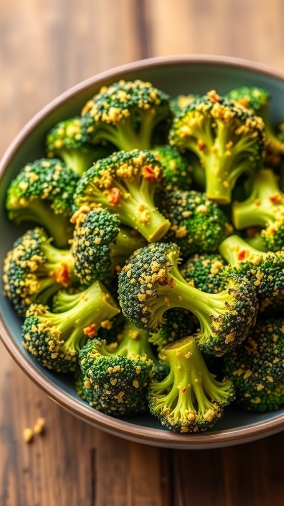 Crispy air fryer broccoli with nutritional yeast on a rustic wooden table.